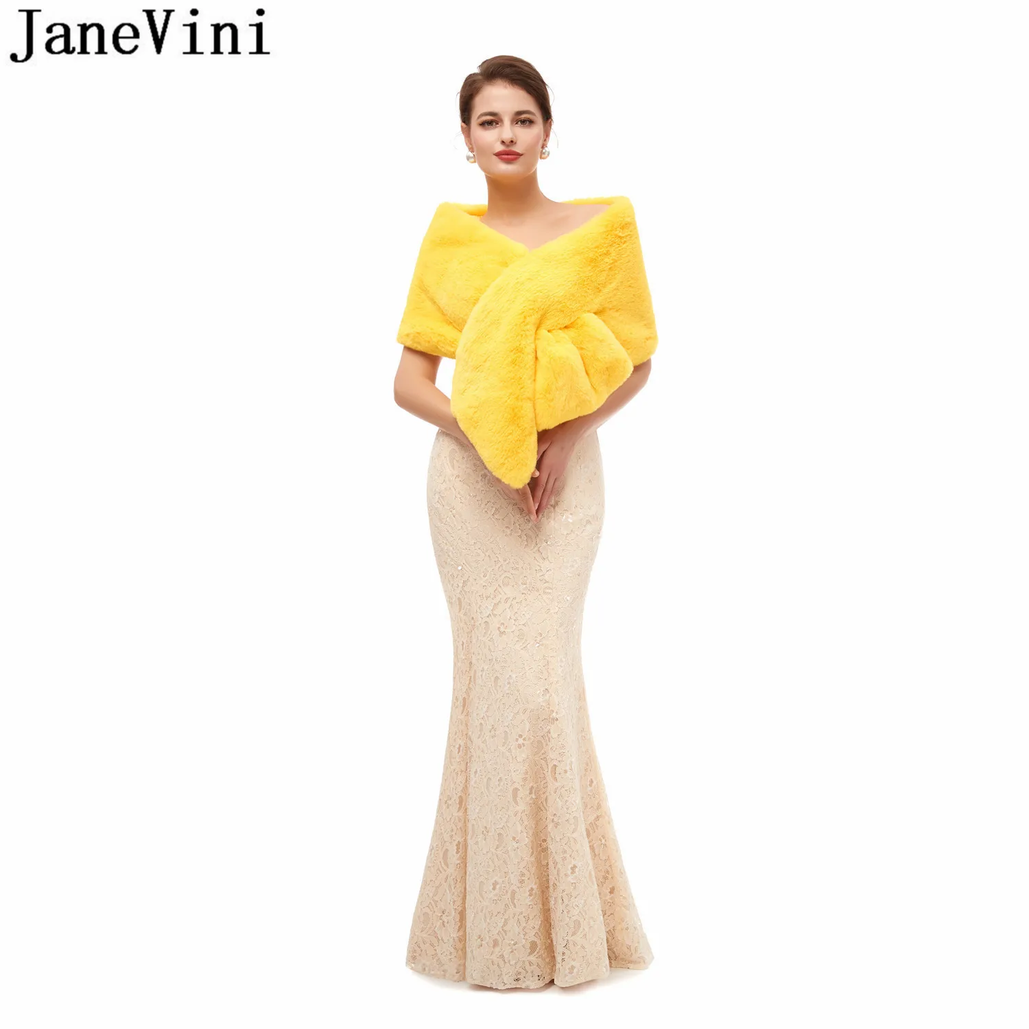 JaneVini 2020 Yellow Faux Fur Stoles Winter Warm Black Evening Prom Dress Fake Fur Bridal Shawl Wraps Jacket Bolero mariage cape