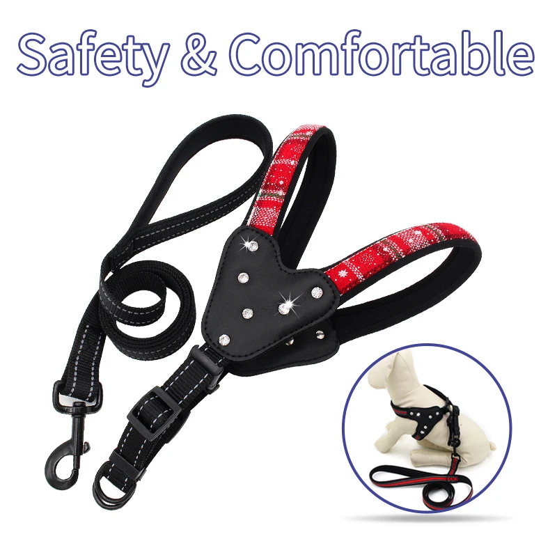 

Dog Harness And Leash Set Collar Reflective Rhinestone Microfiber Leather Cloth Accessories Dog Harness Quick Release Supplies