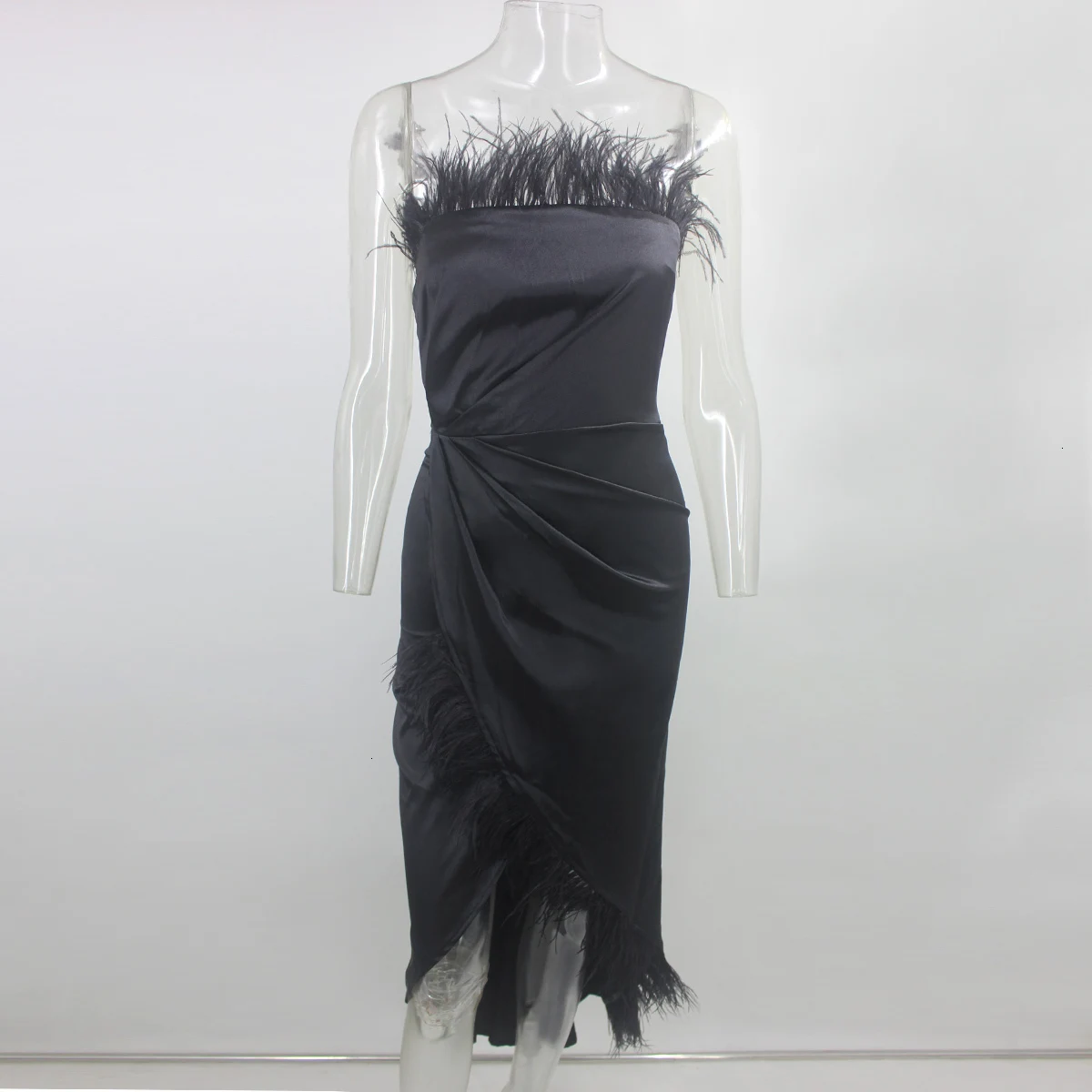 Thereadict Party Christmas Dress Women Autumn Satin Feather Off Shoulder Bodycon Split Long Dress Maxi Mermaid Club Vestidos