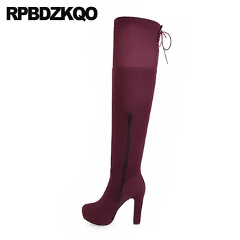 

over the knee shoes platform high heel big size thick suede slim thigh women boots chunky fetish ladies 10 extreme red lace up