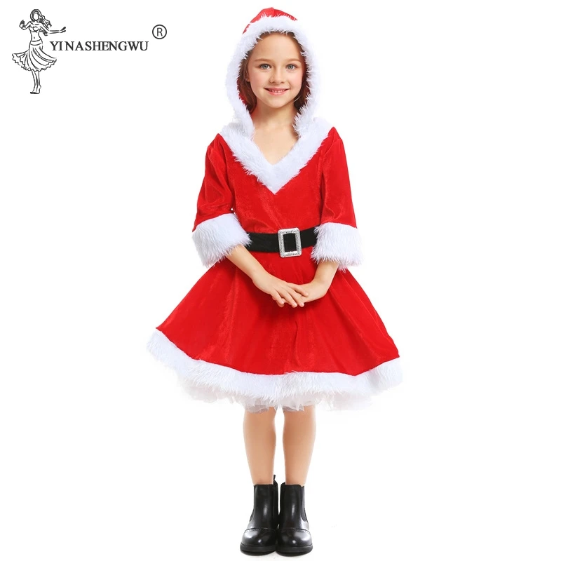 Для маленьких девочек Рождество Санта Клаус костюм для участия в рождественском представлении костюм детские новогодние Детская одежда с капюшоном+ ремень, Детские платья для девочек 2 шт. в комплекте