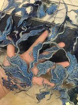 

stock 5yards/bag Dark blue embroidered moire pattern fashion delicate fabric for wedding dress design LMC15#