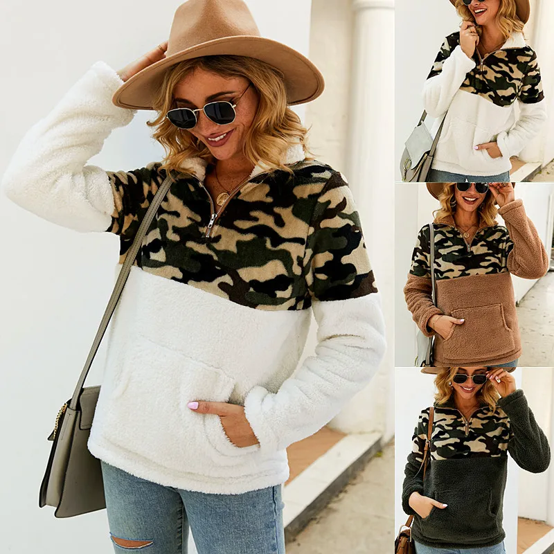 

Womens Hoodies Pullover Autumn Winter Thick Turn-down Collar Casual Sweatshirts Patchwork Zipper Female Hoody Long Sleeve Hoodie