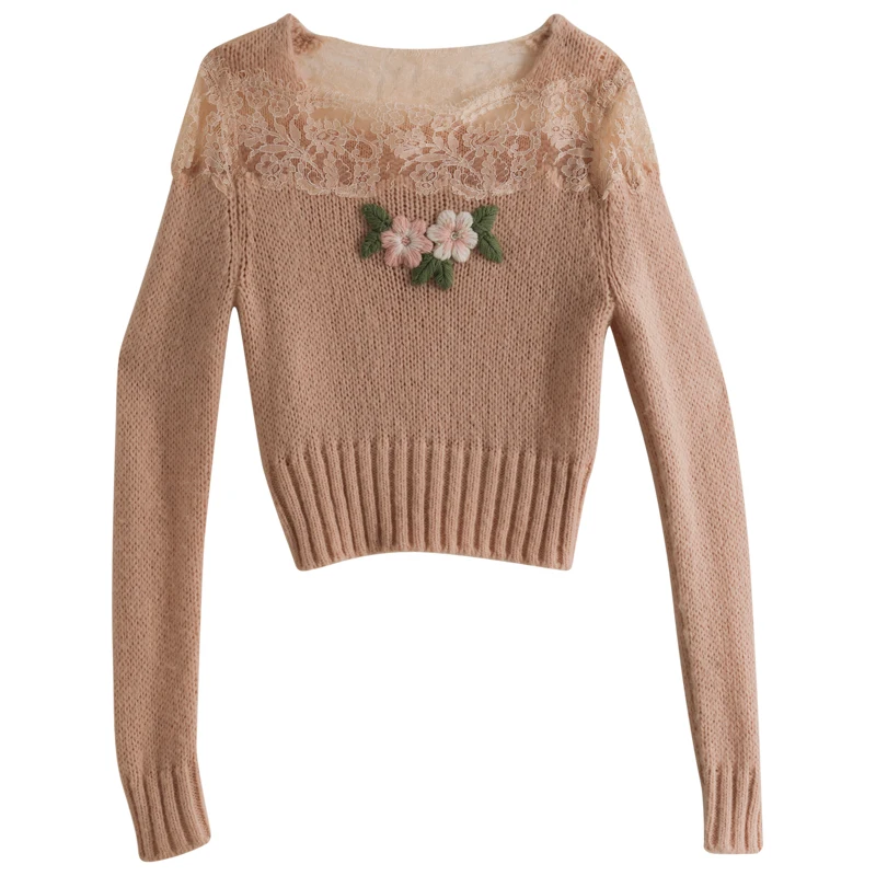 Vintage Pink Sweater Дизайн AIGYPTOS для женщин осень зима Mori Girl сладкий Винтаж Розовый французский вышивка кружево лоскутное шерсть короткий свитер - Цвет: Vintage Pink Sweater