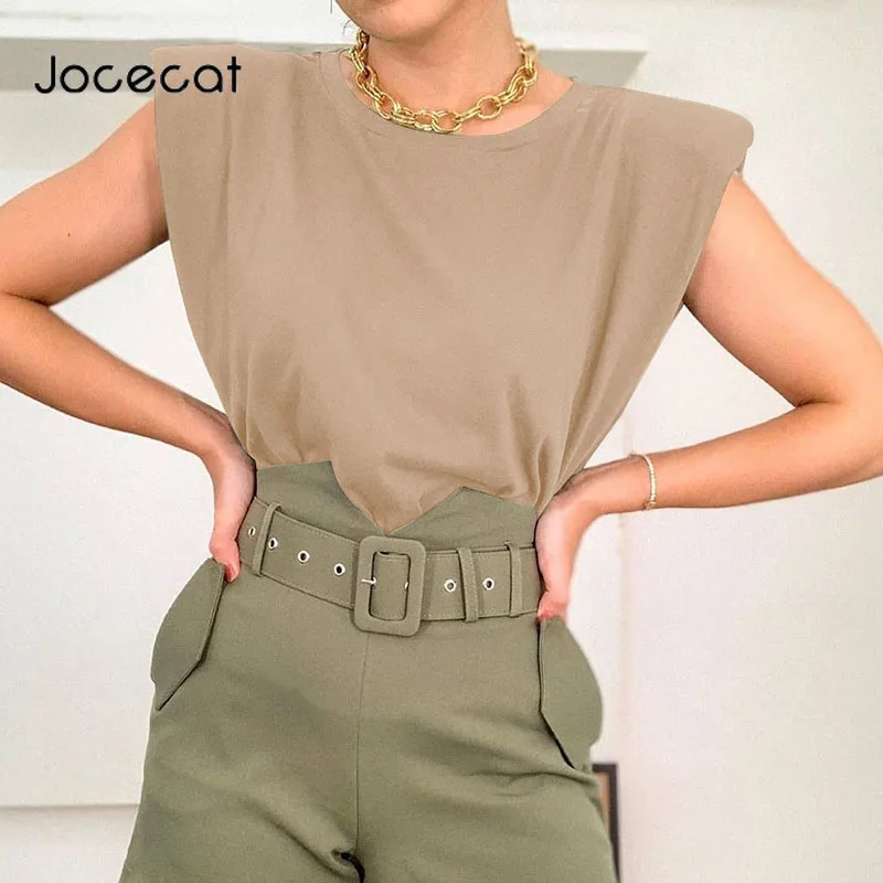 

Summer Solid Basic Padded Shoulder Muscle T-Shirt Home Fashion Casual Loose Top Tee Shirt For Women Streetwear Harajuku