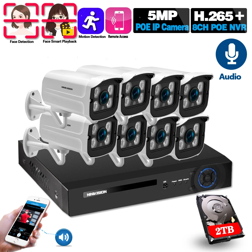 H.265 4CH 8Ch 16CH 5MP POE NVR CCTV Camera System 5MP POE IP Camera 2560*1944 Outdoor Waterproof Video Security Surveillance Kit