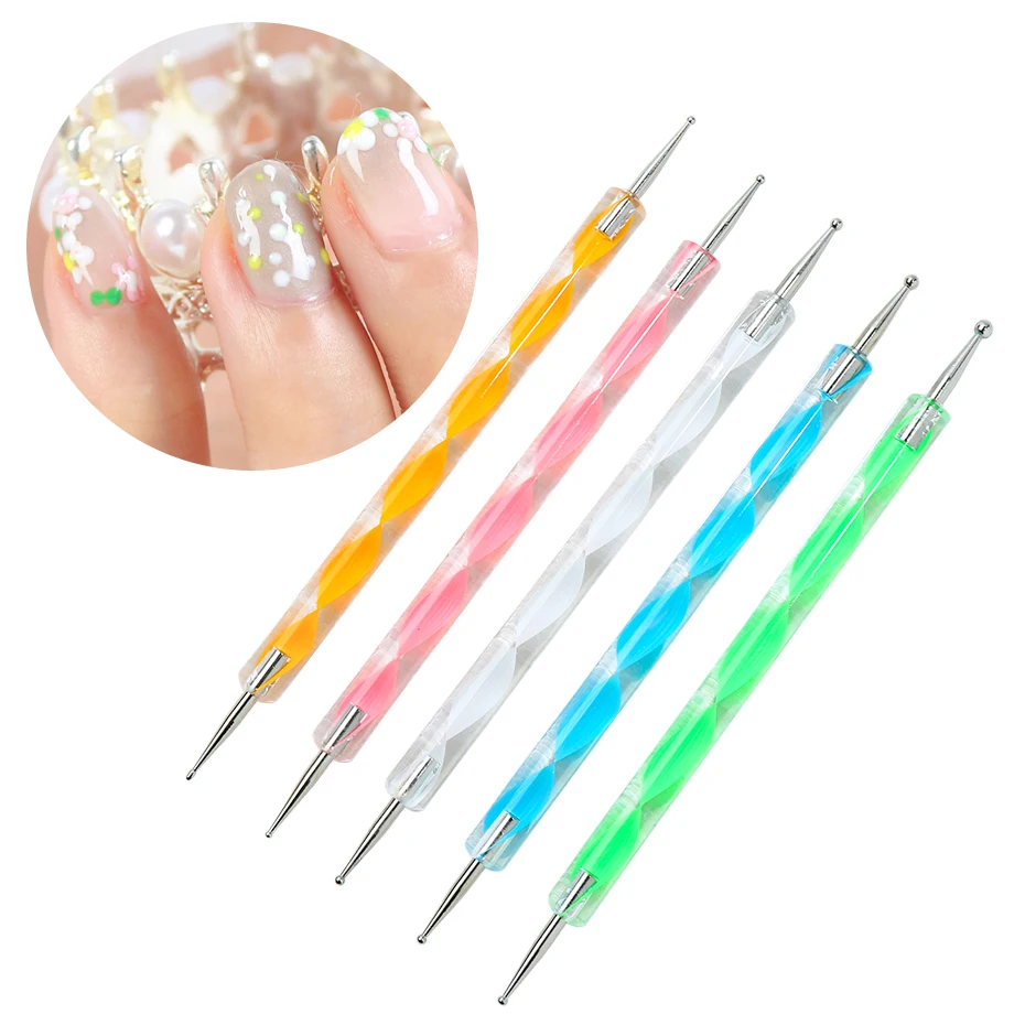 

5pcs Nail Dotting Pen 2 Way Marbleizing Manicure Tool Painting Drawing Pen Rhinestone Picker Gel Polish Nail Art Pen Set BE620-1