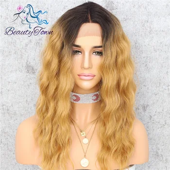 

BeautyTown Black Ombre Yellow Color Heat Resistant Wave Type Milddle Part Perruque Daily Makeup Synthetic Lace Front Party Wigs