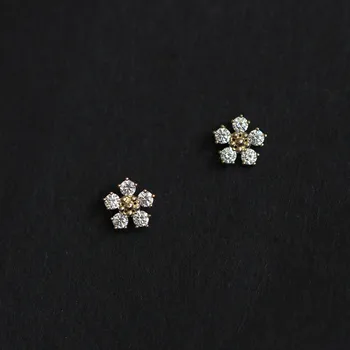 925 Sterling Silver Boho Pavé Diamond Small Flower Plating 14k Gold Earrings Women Summer Beach Casual Jewelry Accessories