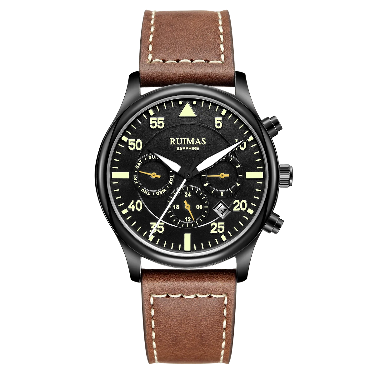 

Ruimas Mechanical Watch Men Gentlemen Automatic Wristwatch Waterproof Leather Strap Chronograph Luxury Luminous Clock 6769