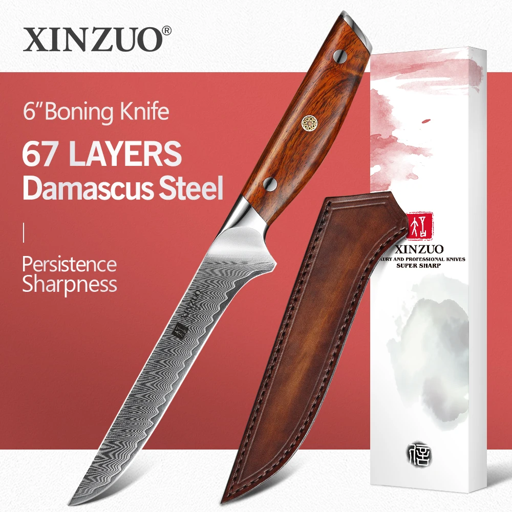 Xinzuo 6 '' Damaszkusz Boning Knife Kés Magas Szén Damaszkusz Konyha Acél Éles Főzőszerszámok Konyhai Kés Rózsafa Fogantyú