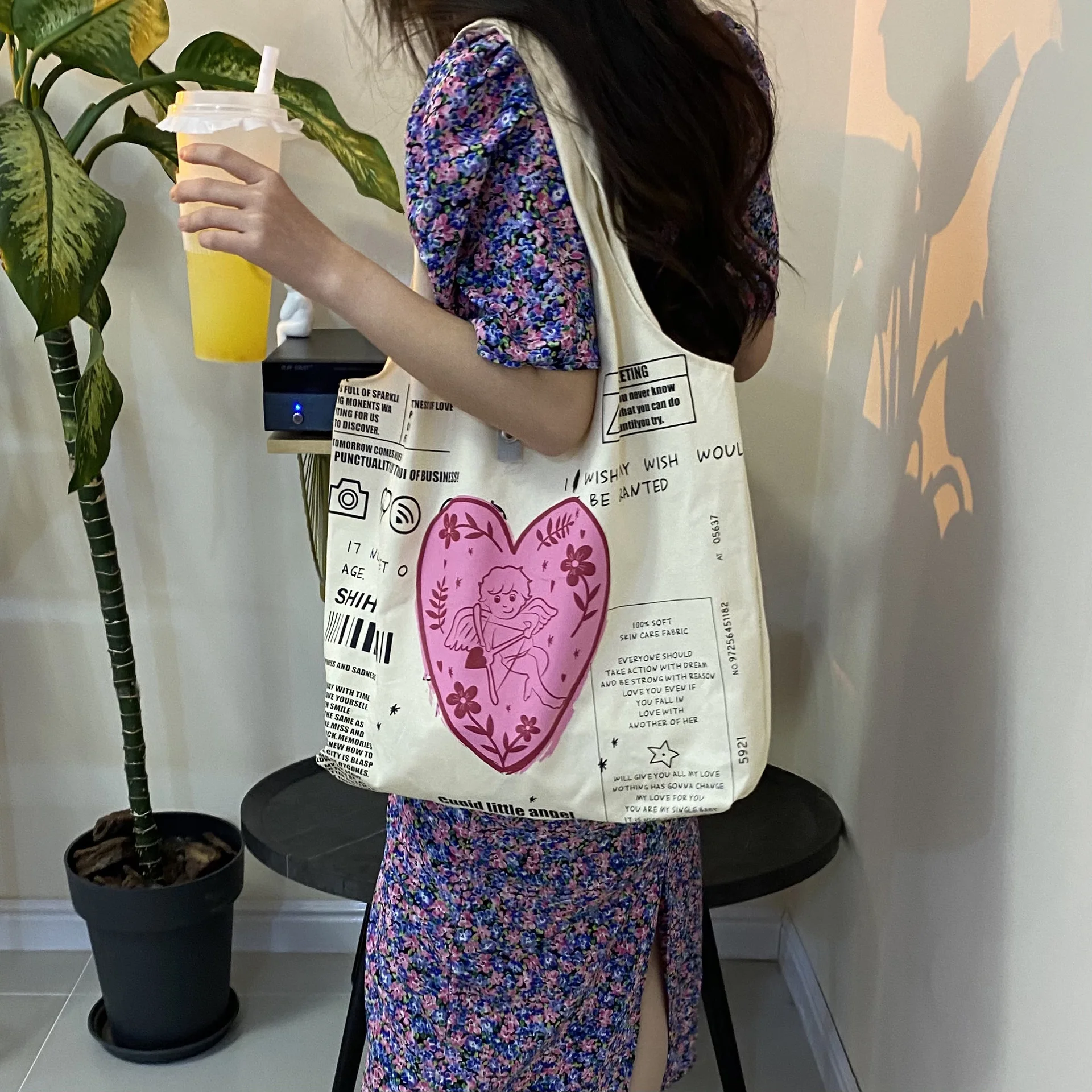 Cute Cartoon Graffiti Canvas Tote Bag Heart Cupid Shopping Bag Large Reusable Shoulder Shopper Bag Women Soft Books Handbag 2021 funny print open your heart to death metal tote shopping bag recycling canvas shopper shoulder handbag