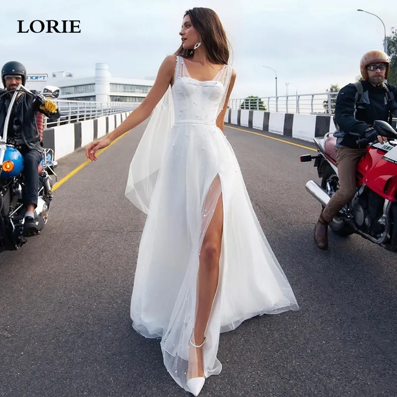 

LORIE A Line Wedding Dresses Soft Tulle Pearls Beach Bridal Gowns V-Neck High Split Straps Luxury Beading Princess Party Gowns