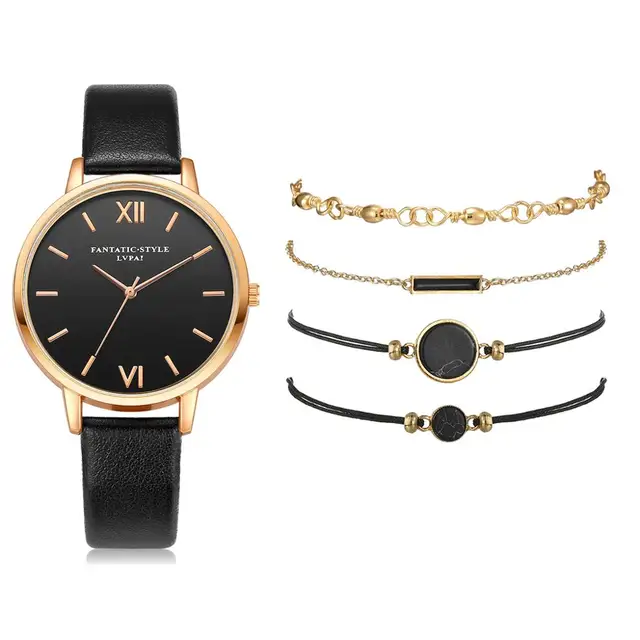 Reloj de pulsera de cuarzo para mujer, conjunto de 5 Uds., reloj de pulsera de cuero para mujer, reloj de lujo informal, regalo para novia 1
