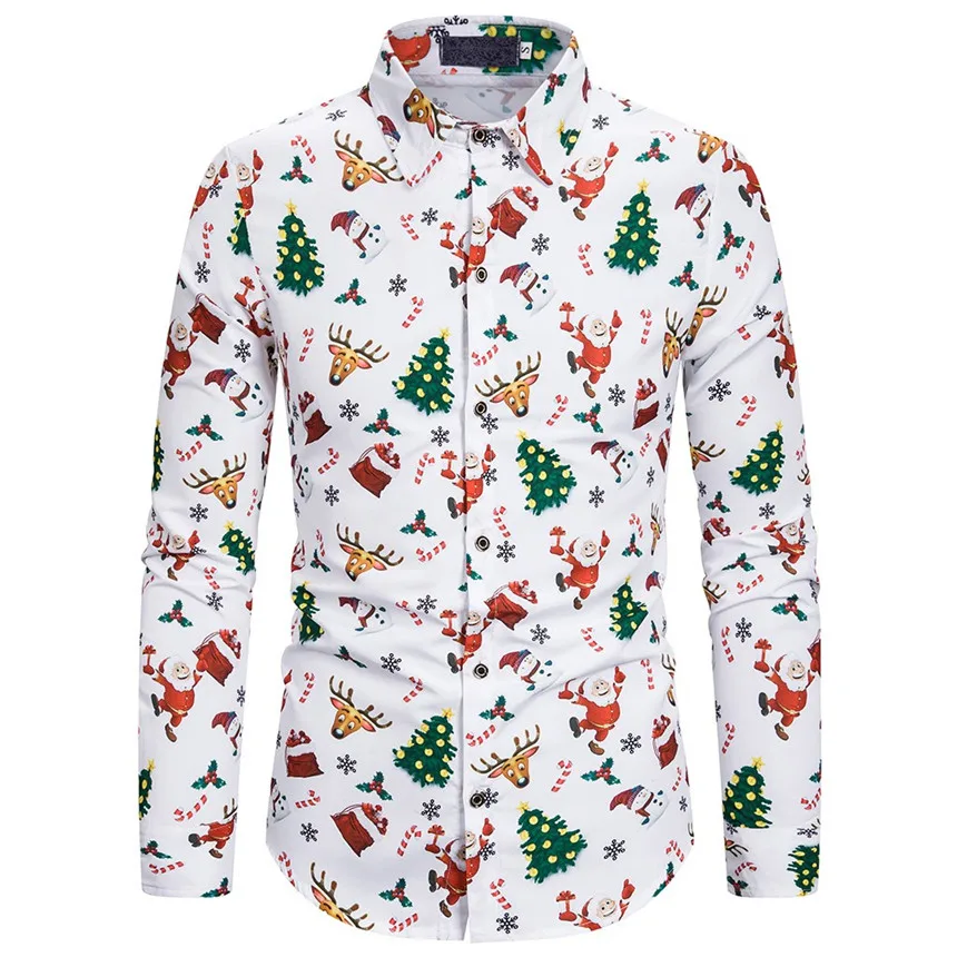 KLV, мужская рубашка, модная, мужская, с рождественским принтом, с длинным рукавом, повседневная, Облегающая рубашка, блузка, топы, Рождественская одежда, рубашки с цветочным принтом