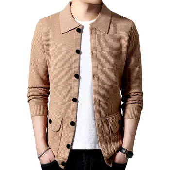 

Sweater Men Autumn Winter Fashion Thick warm Cashmere Cardigan with Pocket Business Lapel Solid color Sweater Jackets Coats