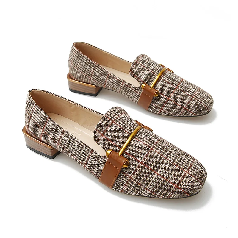 Летняя Повседневная Женская обувь в клетку; тонкие туфли в клетку с квадратным носком в британском стиле; женская обувь без застежки на низком каблуке; Zapatos De Mujer - Цвет: Brown