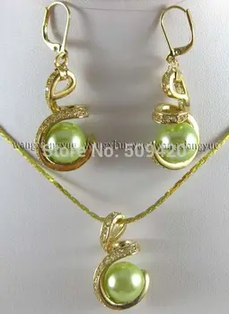 

Wholesale>>12mm Apple Green South sea Shell Pearl Earrings & Necklace Pendant Set AAA