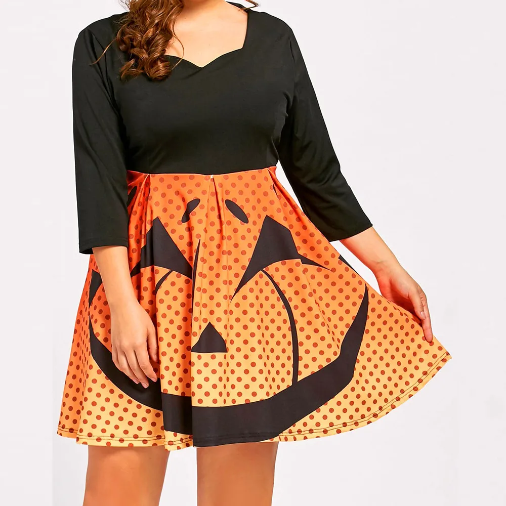 

Women Loose Halloween Party Pumpkin Print Three Quarter Sleeves Mini Dresses Halloween Partys disfraz halloween FC