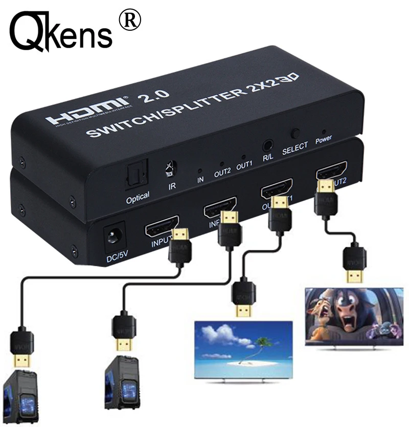 HDMI 2,0 переключатель сплиттер 2x2 3D с оптическим R/L аудио поддержка 4K 60Hz 1080P 4K x 2K 1X2 HDMI сплиттер 1x4 для PS4 ноутбука ПК к телевизору