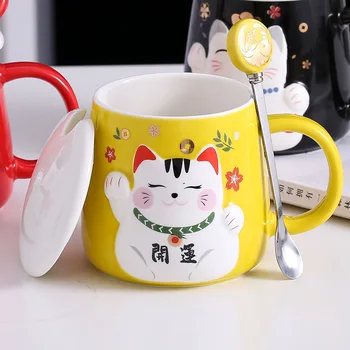 

350ML Creative Lucky Cat Ceramic Mug Festive Style Tea Cup Couple Milk Breakfast Mugs with Lid Spoon Handle Korean Cute Cat Cups