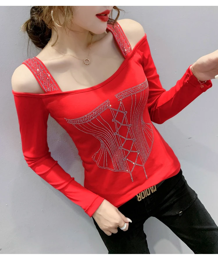 2020 Autumn new woman tshirts Fashion sexy off the shoulder women t-shirt long sleeve Hot drilling plus size women clothing