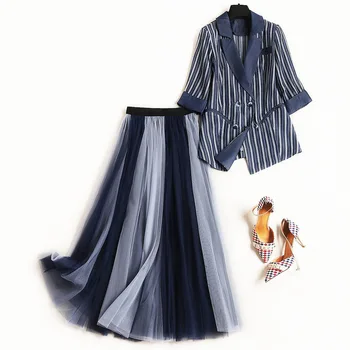 

The column 】 fashion suits silk stripes coat gauze skirt 2020 spring day skirts two-piece FLC948