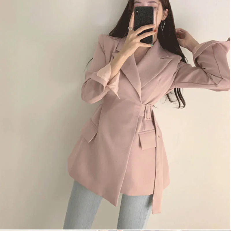 

New Fall Pink Women Elegant Long Blazers Coat Notched Collar Female Blazer Long Sleeve Chic With Belt Blazer Outwear