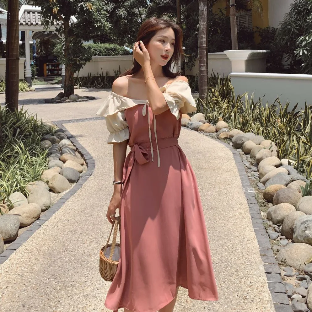 

Photo Shoot Egg Non-mainstream Platycodon Grandiflorum Skirt Sweet Mint Green off-Shoulder Mixed Colors Ruffled Collar Waist Hug