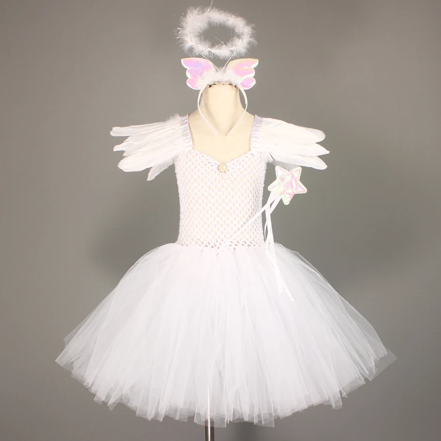Kids Heaven Sent Angel White Halloween Fancy Dress Up Girl Fairy Christmas Costume Girls Wings Tutu Dress with Halo and Wand (2)