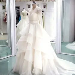 Длинные рукава реальные фото дешевые свадебные платья 2019 Многоуровневое бисером свадебное платье класса люкс Robe De Mariage