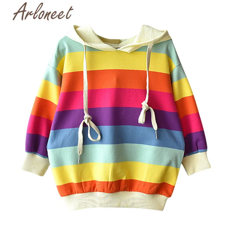 

ARLONEET clothes children Girls Long Sleeve Sweatshirts Cotton rainbow stripe sweatshirt kids girls winter Hoodies Sweatshirts