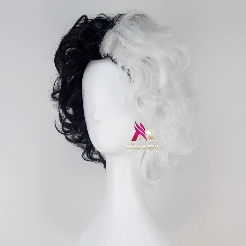 New Black And White Fluffy Short Layered Synthetic Wigs 101 Dalmatians Cruella Devil Cosplay Costume Wig +wig cap