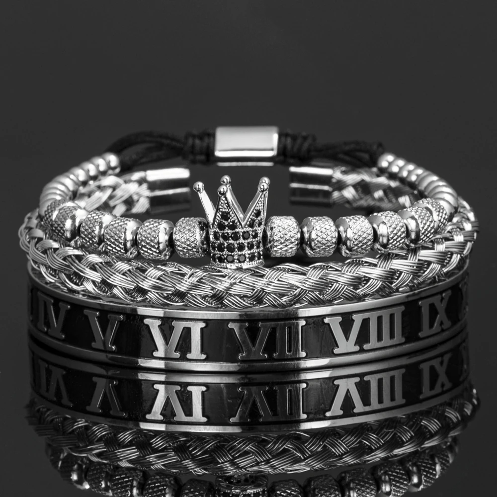 Luxury Crown Handmade Men Enamel Roman Numeral Bracelet Jewelry