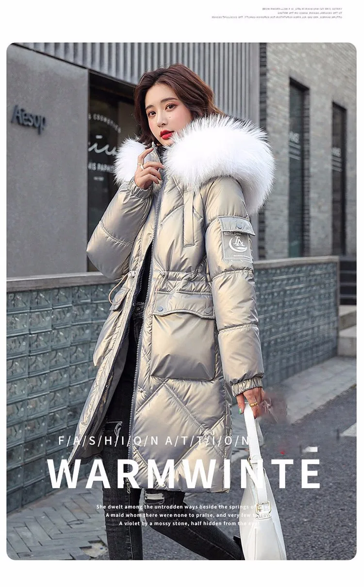 womens parka coat Yzeqi  2021 Fashion Winter Jacket Down Parkas Women Fashion Hooded Fur Collar Cotton Padded Jackets Thick Warm Glossy Long Thick maxi puffer coat