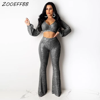

ZKYZWX Sexy Club Outfits Glitter Sequin 2 Piece Set Women Festival Clothing Crop Top+Flare Pant Matching Sets Two Piece Suit