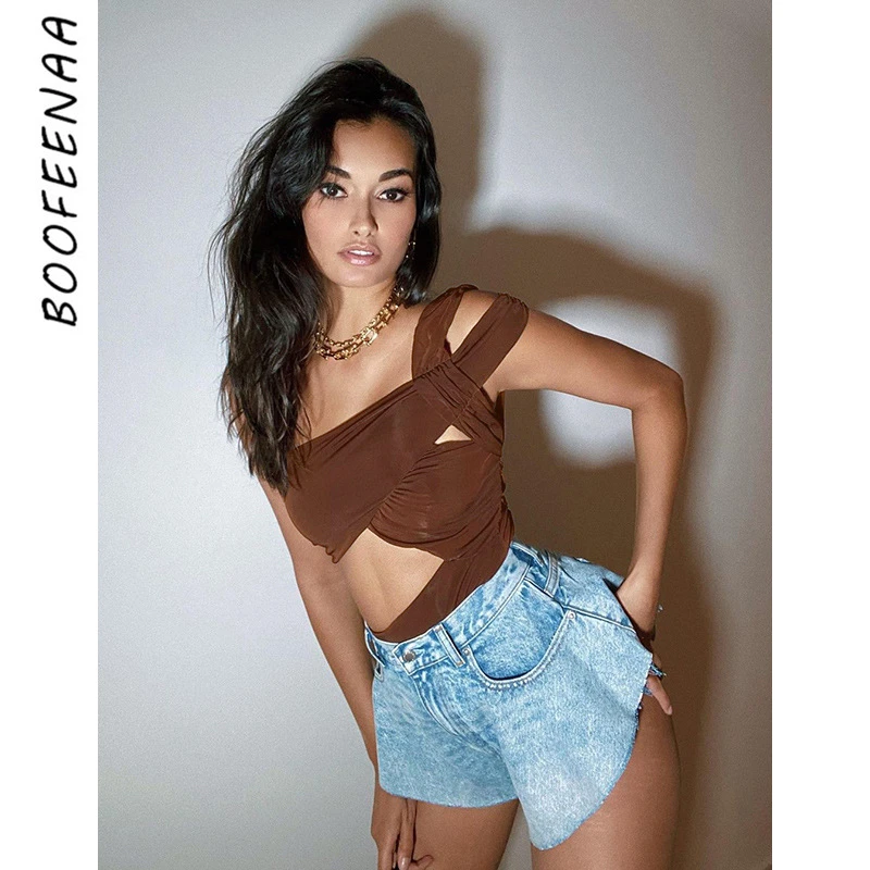 BOOFEENAA-Body Sexy recortado de un hombro para mujer, Top sin mangas marrón, mono, primavera 2021 C83-BE12