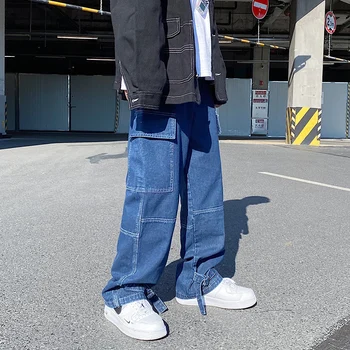 الرجال بلون مستقيم الحريم الجينز الهيب هوب رجل 2021 جديد فضفاض كامل طول سراويل جينز الشارع الشهير الذكور سراويل تقليدية 4