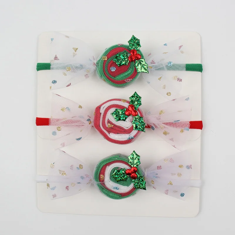 

Baby Girl Christmas Bowknot Elastic Headband Net Yarn Sequins Glitter Flowers Hairbands for kids bebe Hair Bow Accessories
