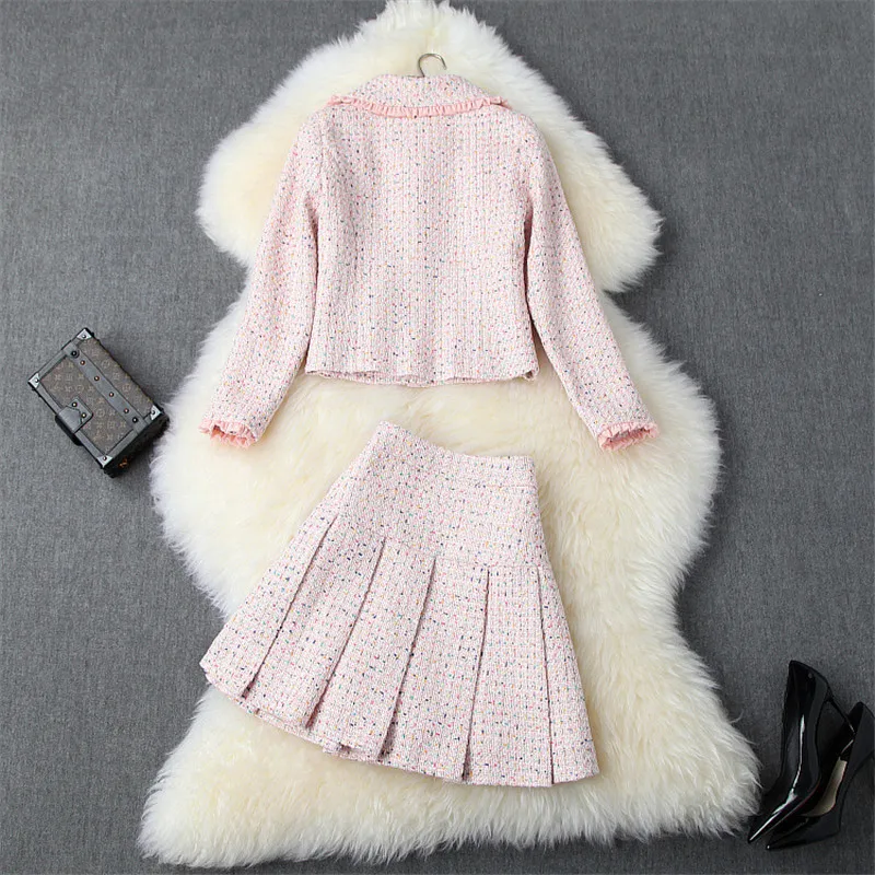 Осенне-зимний комплект из двух предметов для женщин, модный дизайнерский милый розовый твидовый шерстяной пиджак с рюшами и костюм с мини-юбкой