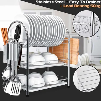 

3 Tiers Dish Drying Rack Storage Shelf Kitchen Washing Holder Basket Plated Iron Knife Sink Dish Drainer Drying Rack Organizer