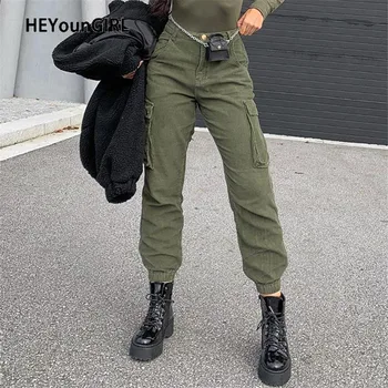 

HEYounGIRL Green Autumn Corduroy Pants Women Pockets Casual High Waist Laides Trousers Zipper Harem Pants Capris Streetwear 2020
