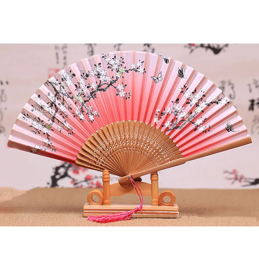 Butterfly Flowers Pattern Bamboo Handheld Folding Fans for Girls Women Tassel Folding Fans HKS99