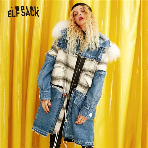 

ELFSACK Blue Plaid Patchwork Jacket Coat Women 2019 Winter Waist Drawstring Fur Collar Korean Casual Office Ladies Outwears