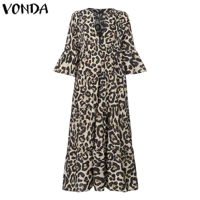 Платье с оборками VONDA, женское осеннее платье, сексуальное, 3/4 рукав, леопардовое Платье макси с принтом, Beohemian, сарафан, повседневное, свободное, Vestidos S-5XL