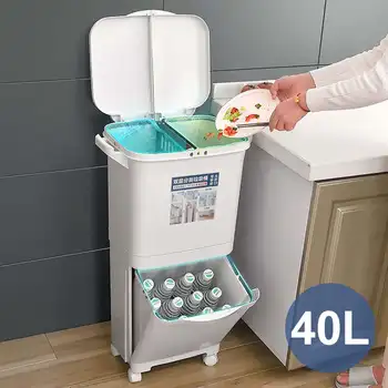 

40L Large Double Layers Garbage Trash Cans Kitchen Storage Vertical Waste Sorting Bins with Wheel Garbage Bag Holder Recyclable