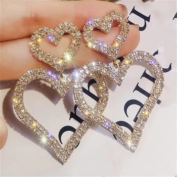 

Big Exaggerated Fashion Crystal Double Heart Earrings Gold Silver Long Women Heart Rhinestone Drop Earrings Jewelry 2020