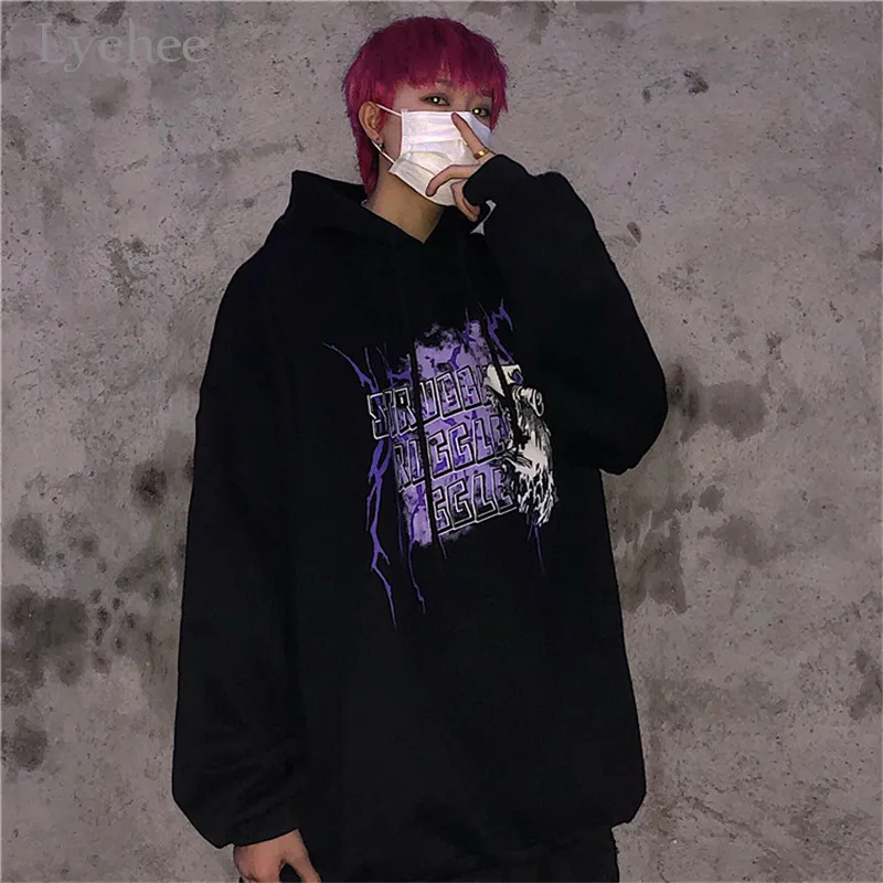 Lychee Harajuku повседневные свободные женские флисовые толстовки молния темное письмо