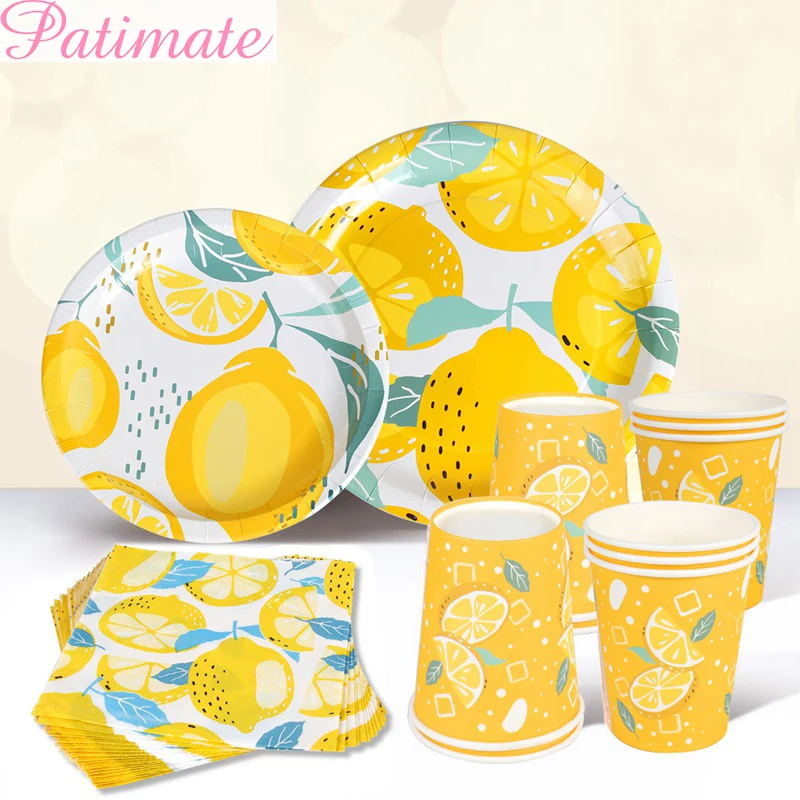 PATIMATE Yellow Lemon Disposable Tableware Set Paper Plate Cup Napkin Birthday Party Decorations Kids Green Supplies | Дом и сад