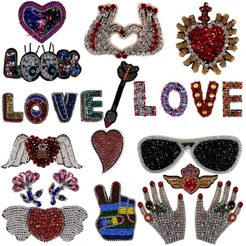 

Handicraft LOVE Heart Hand Arrow Look Rhinestone Sequin Bead Flower Applique T-shirt Patches for Clothing Shoes Bag DIY Sewing